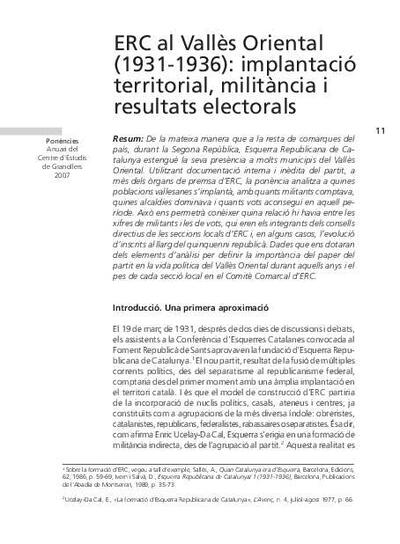 ERC al Vallès Oriental (1931-1936): implantació territorial, militància i resultats electorals [Article]