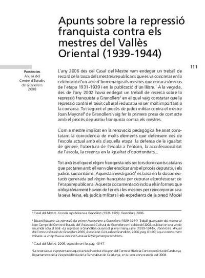 Apunts sobre la repressió franquista contra els mestres del Vallès Oriental (1939-1944) [Article]