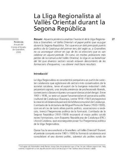 La Lliga Regionalista al Vallès Oriental durant la Segona República [Article]
