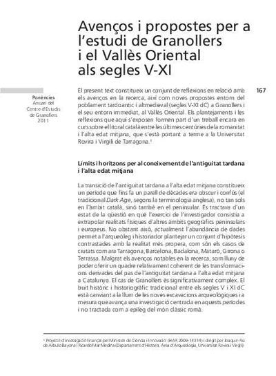 Avenços i propostes per a l'estudi de Granollers i el Vallès Oriental als segle V-XI [Artículo]