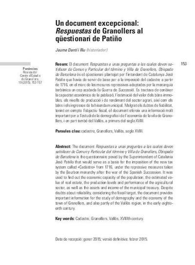 Un document excepcional: Respuestas de Granollers al qüestionari de Patiño [Article]