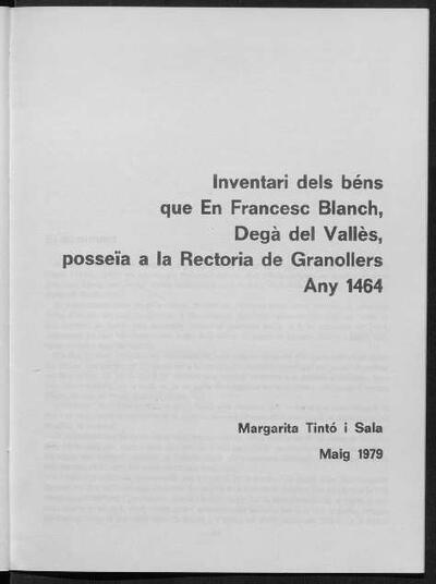 Inventari dels béns que en Francesc Blach, degà del Vallès, posseïa a la Rectoria de Granollers. Any 1964 [Artículo]