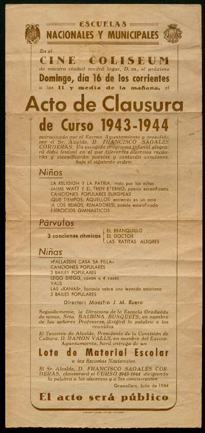 Fulletó publicitari d'un acte de clausura del curs escolar 1943/44 al cinema Coliseum de Granollers [Document]
