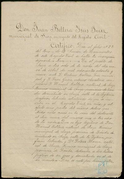 Certificat de la inscripció al Registre Civil de Surp, del naixement de Celestí Bellera el 1889 [Document]