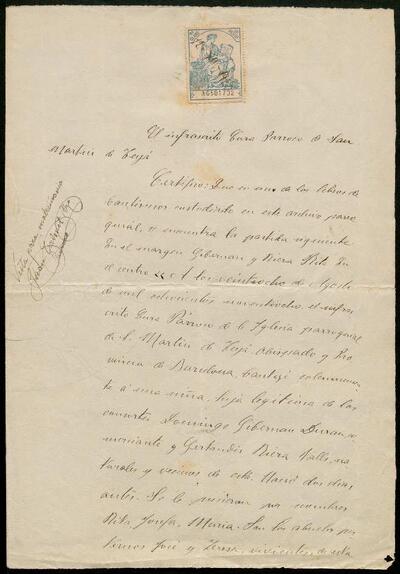 Certificat de la inscripció en el registre de l'església de Teià del batisme de Rita Gibernau el 1898 [Documento]