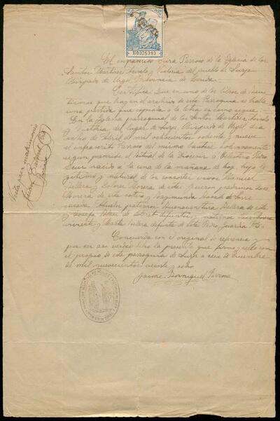 Certificat de la inscripció al registre de l'església de Surp, del baptisme de Celestí Bellera el 1889 [Documento]