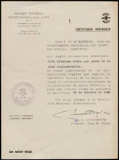 Certificat segons el qual Rita Gibernau està exempta de prestar servei al "Servicio Social de la Mujer" de la FET y de las JONS [Documento]
