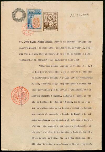 Acta notarial que certifica la titulació de mestre de Celestí Bellera el 1923 [Documento]