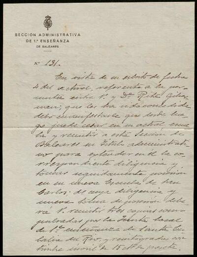 Carta adreçada a Gertrudis Riera on se li demana que presenti documentació per a prendre possessió de la plaça de mestra a Eivissa [Documento]
