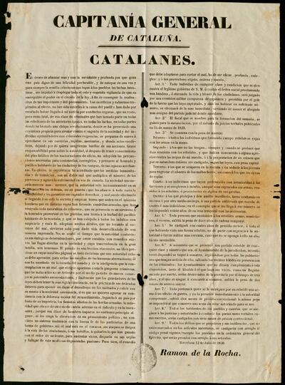 Ban de la Capitanía General de Cataluña en el que s'ordena reprimir i castigar a qualsevol persona que s'alci contra el govern de S.M. [Document]
