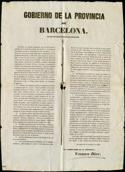 Ban del Governador de la província de Barcelona, prohibint tot tipus de joc de sort i atzar a qualsevol lloc. [Document]
