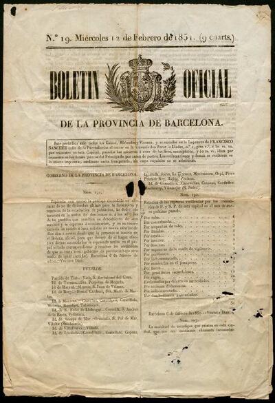 Boletin Oficial de la Provincia de Barcelona del dia 12 de febrer de 1851, número 19. [Documento]