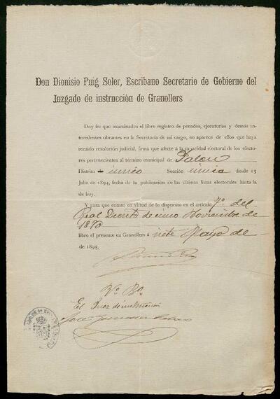 Expedient de votació de les eleccions municipals, districte electoral de Palou, secció  única. 12 de maig de 1895. [Document]