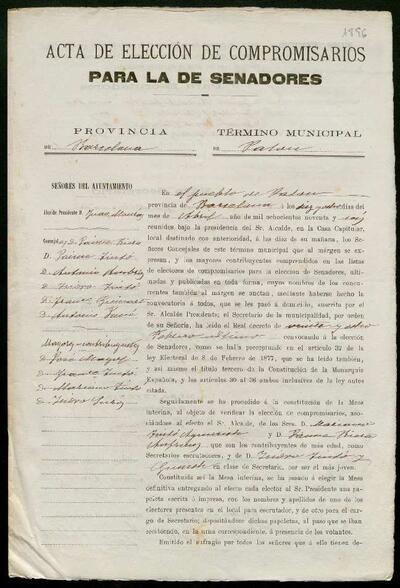 Acta d'elecció de compromissaris per a senadors, amb la llista dels contribuents i persones de l'Ajuntament. 18 d'abril de 1896. [Documento]