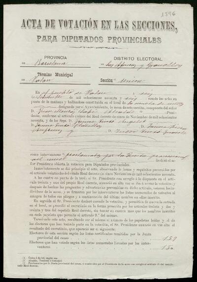 Expedient de votació en les seccions, per a diputats provincials, terme municipal de Palou, secció única. 6 de setembre de 1896. [Document]