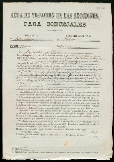 Expedient de votació en les seccions de les elecccions municipals del districte únic, secció única. 9 de maig de 1897. [Document]