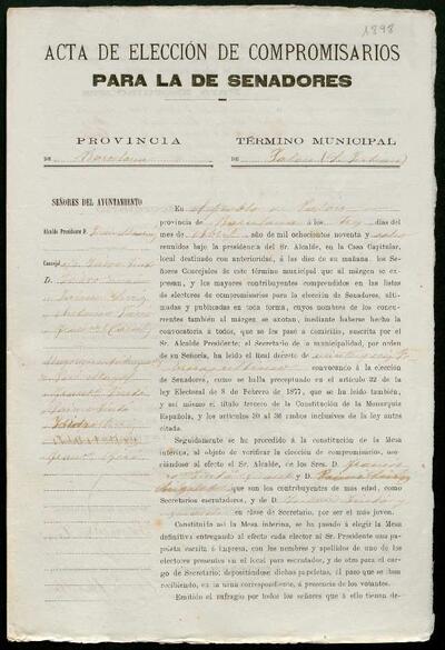 Acta d'elecció de compromissaris per a senadors, terme municipal de Palou. 3 d'abril de 1898. [Documento]