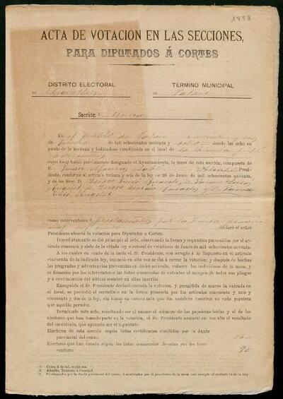Acta de votació a les seccions per a diputats a Corts, districte electoral de Granollers, terme municipal de Palou, secció única i rebuts de certificats. 26 de juny de 1898. [Document]