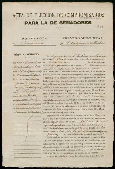 Acta d'elecció de compromissaris per a senadors, terme municipal de Palou. 14 de desembre de 1900. [Documento]