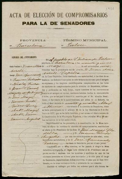 Acta d'eleccions de compromissaris per a senadors, terme municipal de Palou. 25 de maig de 1901. [Documento]