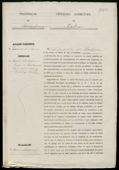 Expedient de rectificació de les llistes del cens electoral de 1901. 20 d'abril de 1902. [Document]