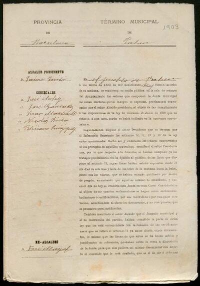 Expedient de rectificació de les llistes del cens electoral de 1902. 20 d'abril de 1903. [Document]