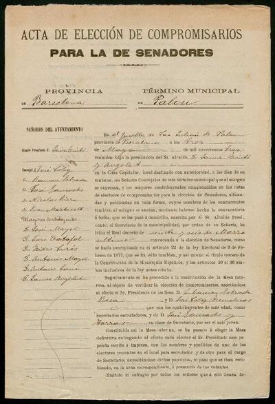 Acta d'elecció de compromissaris per a senadors, terme municipal de Palou. 3 de maig de 1903. [Document]