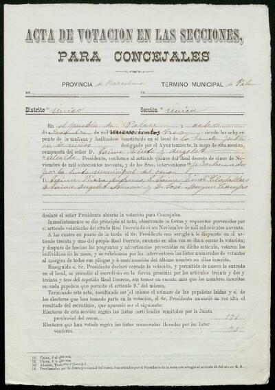 Acta de votació de les eleccions municipals de Palou, districte únic, secció única. 8 de novembre de 1903. [Document]