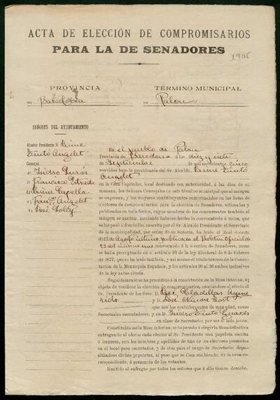 Acta d'elecció de compromissaris per a senadors, terme municipal de Palou. 17 de setembre de 1905. [Documento]
