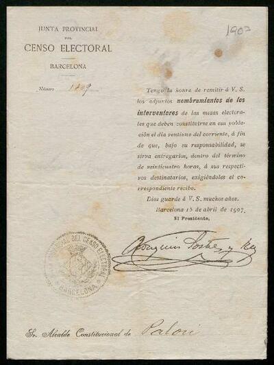 Expedient de rectificació de les llistes electorals del cens de 1906. 15 d'abril de 1907. [Document]