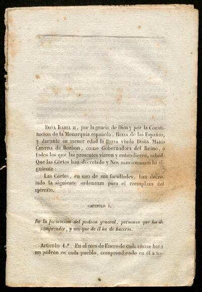 Ordenança sobre la Llei de Lleves, de 1837 [Documento]