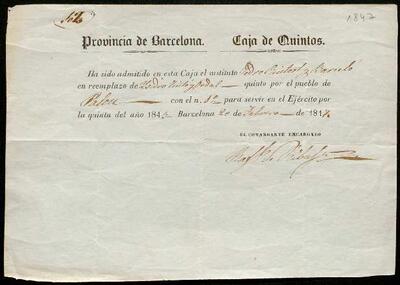 Admissió a la caixa de reclutament del mosso Pedro Ruitort y Barceló, de la LLeva de 1844. 20 de febrer de 1847. [Documento]