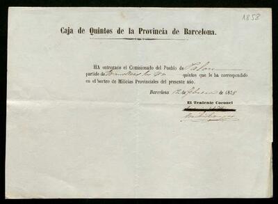Notificacions de la Caja de Quintos de la Provincia de Barcelona, dirigida al poble de Palou, en relació al sorteig de quintes de 1858. [Documento]