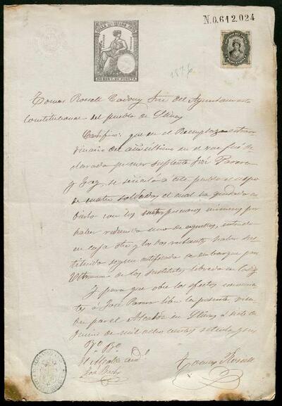 Certificat del secretari de l'Ajuntament de Llinars, dirigit a l'Alcaldia de Palou, en relació al mosso José Parera Gay, de la LLeva de 1875. [Documento]