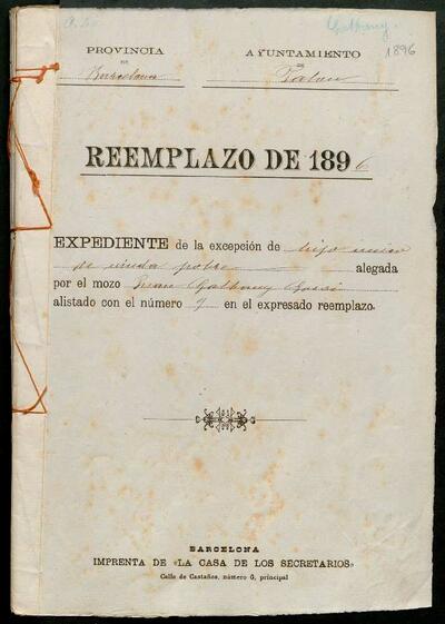 Expedient d'exempció del mosso Juan Galbany Gordi, per ser fill de mare vídua  i pobra, de la LLeva de 1896.  6 de gener de 1896. [Document]