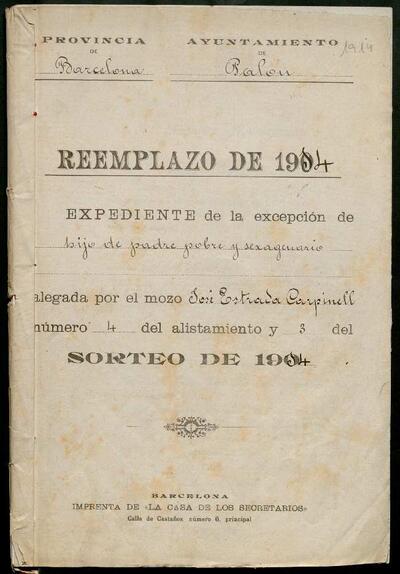 Expedient d'exempció del mosso José Estrada Carpinell, per ser fill de pare pobre i sexagenari, de la Lleva de 1914. [Document]