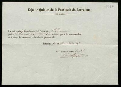 Notificació de la Caja de Quintos de la Província de Barcelona al Comissionat del poble de Palou, relativa als mossos de la Lleva de 1857. 20 de juny de 1857. [Document]