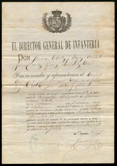 Permís del Director General de Infantería de Granollers al mosso Jaume Ninou Tintó, com a  mosso disponible de la Lleva 1879, de 18 de març de 1879. [Documento]