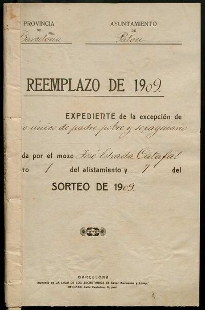 Expedient d'exempció a nom de José Estrada Catafal, per ser família pobra i pare sexagenari, de la Lleva de 1909. [Documento]