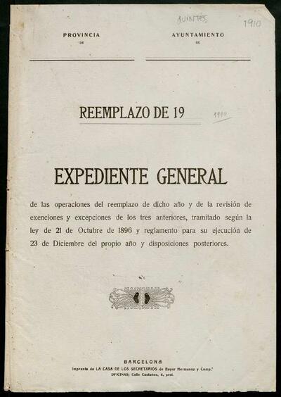 Expedient general de la LLeva de 1910 de Palou. [Documento]