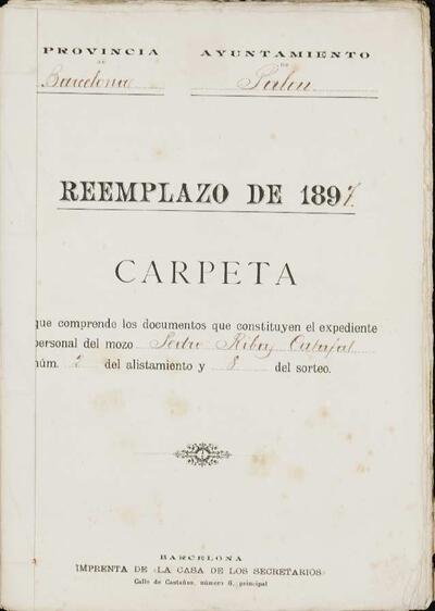 Expedient d'exempció del mosso Pedro Ribas Catafal, per ser  fill de pare pobre i impedit, de la LLeva de 1897. 7 de març de 1897. [Documento]