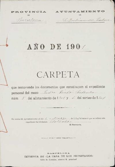 Expedient personal del mosso Pedro Tintó Estrada, de la LLeva de 1901. [Documento]