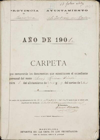 Expedient personal del mosso Luís Riera Tintó, de la LLeva de 1901. [Documento]