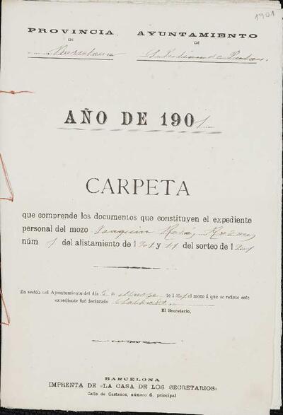 Expedient personal del mosso Joaquin Rosás Rodons, de la LLeva de 1901. [Documento]