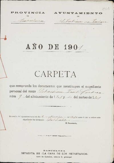 Expedient personal del mosso Sebastián Font Corbera, de la LLeva de 1901. [Documento]