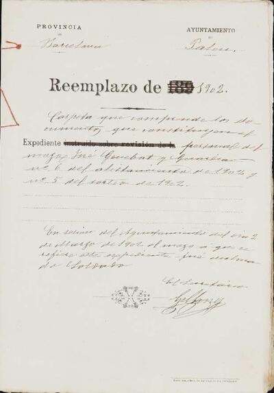 Expedient personal del mosso José Genebat Guardia, de la Lleva de 1902. [Documento]