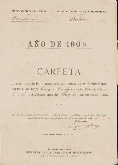 Expedient personal del mosso Joaquin Pratginestós Cladellas, de la LLeva de 1903 [Documento]