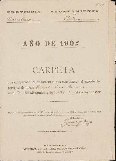Expedient personal del mosso Jacinto Jané Rodons, de la LLeva de 1903. [Documento]