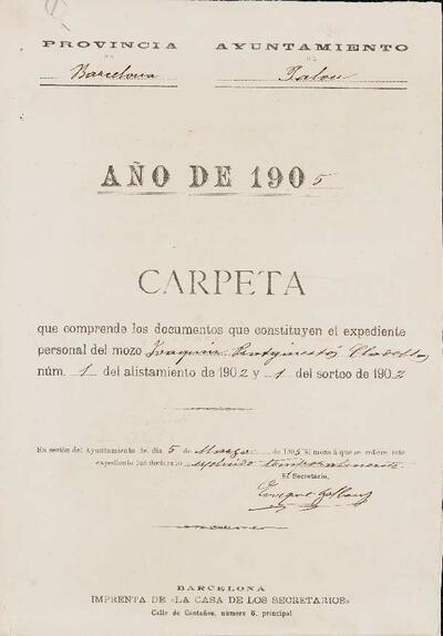 Expedient personal del mosso Joaquin Pratginestós Cladellas, de la LLeva de 1905. [Documento]