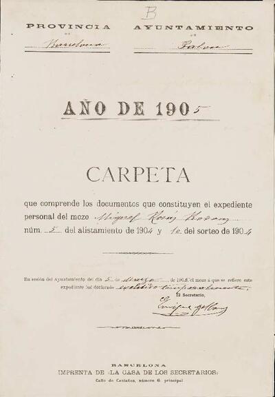 Expedient personal del mosso Miguel Rosás Rodons, de la LLeva de 1905. [Documento]
